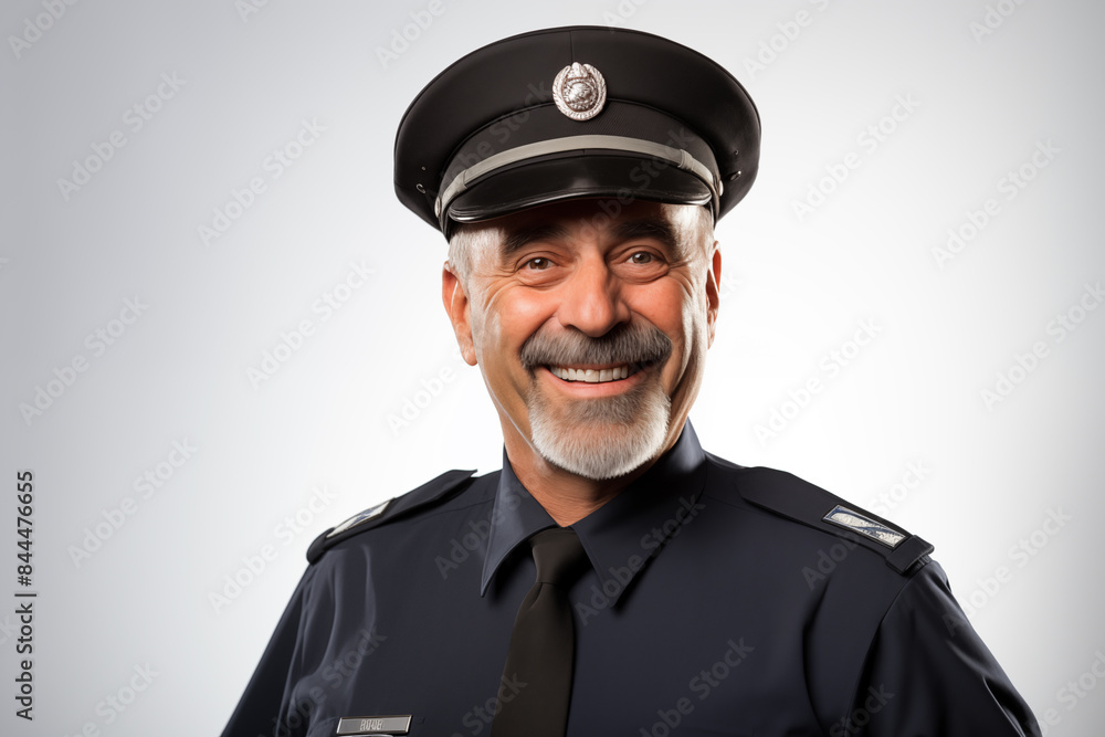 Middle aged man over isolated white background with police uniform Middle aged man over isolated white background with police uniform
