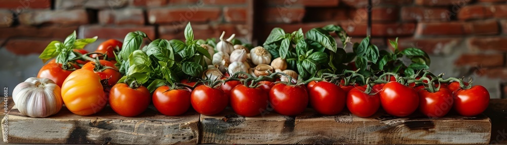 Fresh organic vegetables including tomatoes, garlic, and basil arranged on a rustic wooden table against a brick wall background. Fresh organic vegetables including tomatoes, garlic, and basil arranged on a rustic wooden table against a brick wall background.