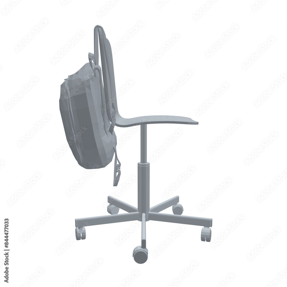 Polygonal model of a backpack hanging on a chair isolated on a white background. Vector illustration. 3D. Grey colour. Polygonal model of a backpack hanging on a chair isolated on a white background. Vector illustration. 3D. Grey colour.