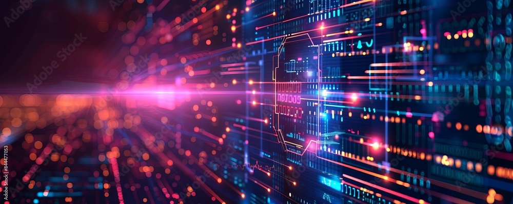 Futuristic digital technology background with glowing neon lines and circuit board elements, showcasing the concept of modern data transfer. Futuristic digital technology background with glowing neon lines and circuit board elements, showcasing the concept of modern data transfer.