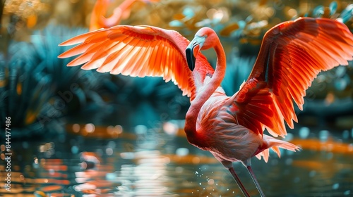 Colorful flamingo by the water. Flamingo bird as a wall decoration. Bird wallpaper. Flamingo's graceful wings in flight. Wall art of a flamingo. Migrant bird found in India's Bhigwan.