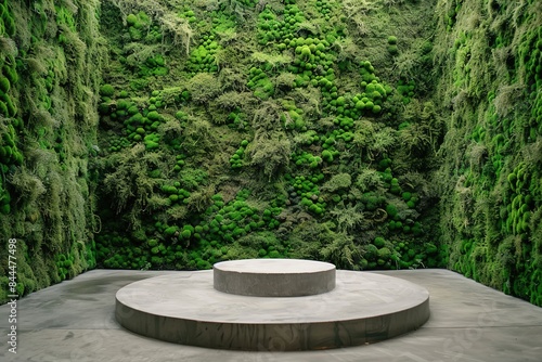 Podium in a room with green moss walls provides a natural and fresh display. © Larisa