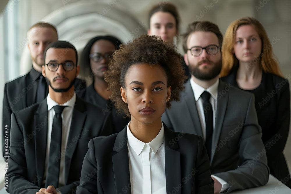 Group of diverse business professionals in formal attire standing together, representing teamwork and leadership in a corporate environment. Group of diverse business professionals in formal attire standing together, representing teamwork and leadership in a corporate environment.