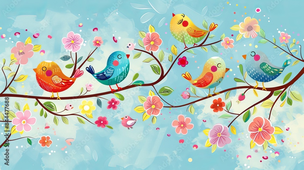 Colorful spring birds with flowers and branches. Cute cartoon picture for kids.