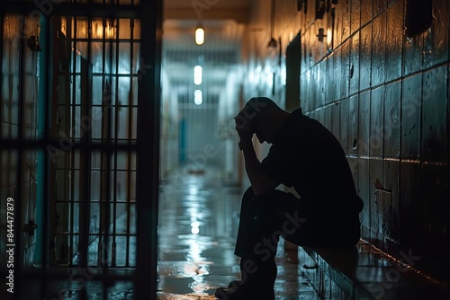 Inmate sitting alone in a dimly lit cell, head in hands, overwhelmed by feelings of guilt and regret photo