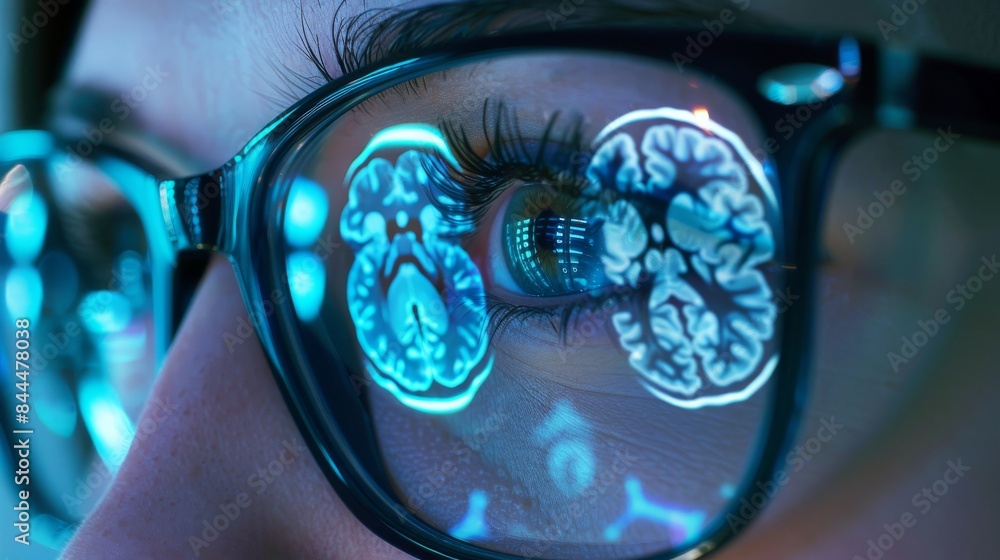 Close-up of a doctor's eye framed by glasses, reflecting MRI images of the brain. Health and medical concept. Close-up of a doctor's eye framed by glasses, reflecting MRI images of the brain. Health and medical concept.