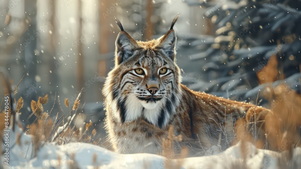 Obraz premium Majestic Lynx in Snowy Forest at Sunset