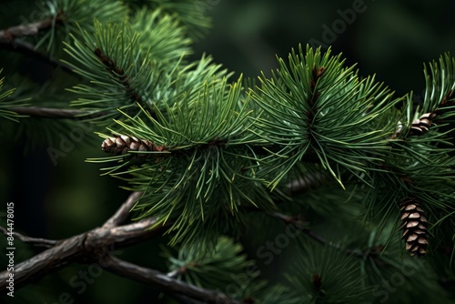 Close-up shot of a vibrant green pine branch with mature cones amidst dark foliage
