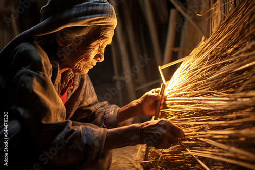 Title: Elderly Craftswoman Weaving Straw