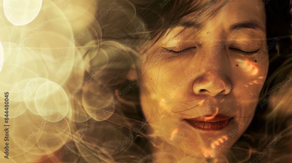 A woman's face, closed eyes, with strands of hair and golden bokeh lights creating a peaceful, dreamy atmosphere Peaceful, dreamy, reflective, serenity, golden
