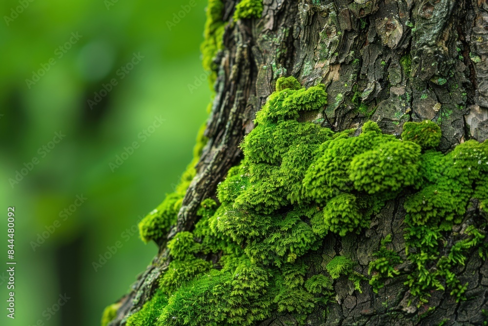 A detailed close-up of a moss-covered tree trunk, with the fine textures and vibrant green colors in sharp focus. The macro view highlights the intricate beauty and resilience of moss in a forest