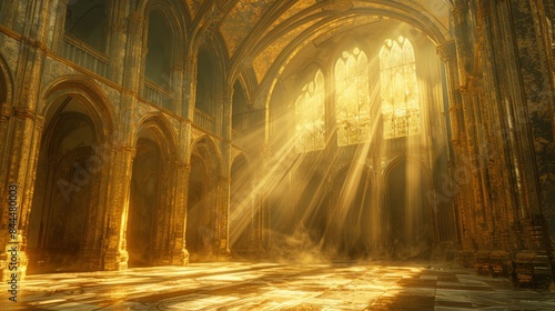 Sunlight streams through the stained glass of a gothic church  illuminating the intricate architecture and patterns on the floor