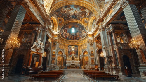 An opulent church interior adorned with art, sculptures, and ornate details highlights grandeur