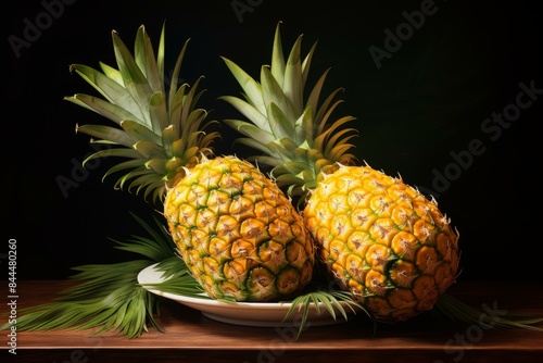 Two ripe pineapples with lush leaves on a dark background, displayed on a wooden surface