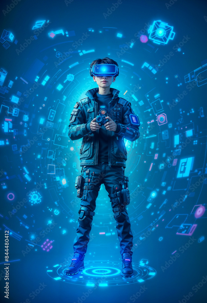 boy in a virtual reality setting, surrounded by holographic code boy in a virtual reality setting, surrounded by holographic code