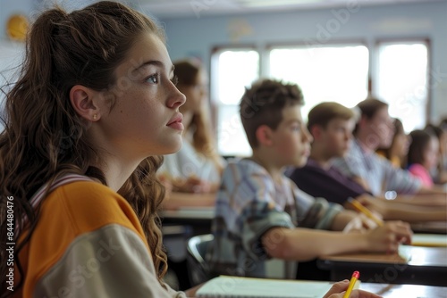 Side view of a teenage Caucasian girl in a school classroom sitting at desk, concentrating, with teenage male and female classmates sitting at desks working in the background - generative ai