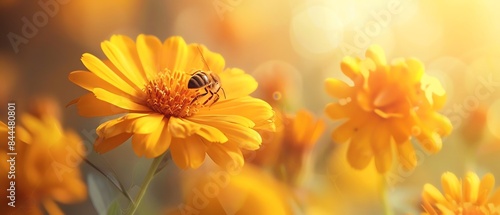 A bee gathers pollen on a bright yellow flower in a field of blooming flowers. © Arak