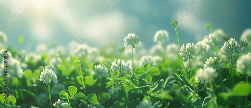A field of white clover blooms in the sunlight.