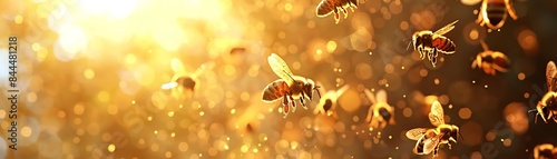 Abstract background with golden lights and blurred shapes, resembling a swarm of bees in a warm, sunlit environment. photo