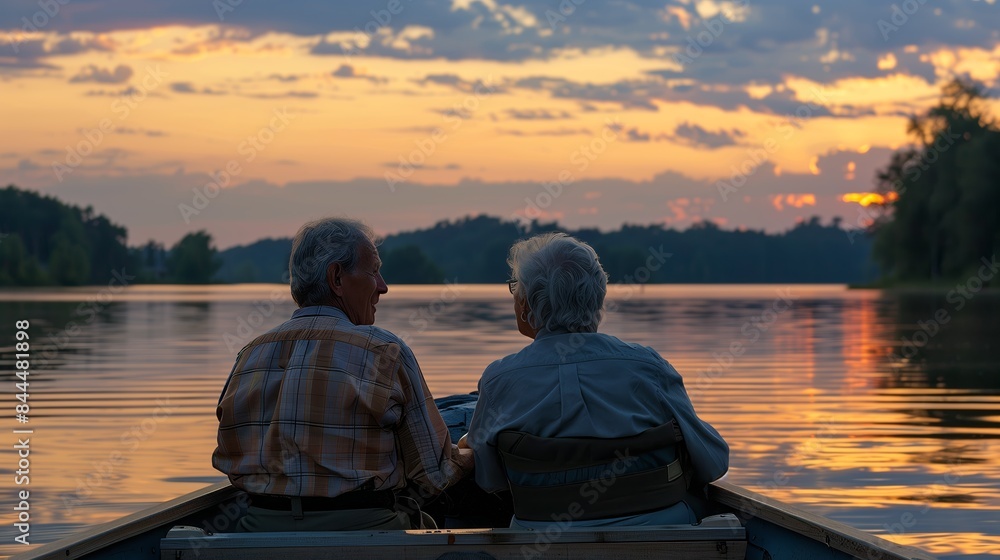 An elderly retired military couple enjoys a peaceful evening boat ride on a serene lake, sharing memories. An elderly retired military couple enjoys a peaceful evening boat ride on a serene lake, sharing memories.
