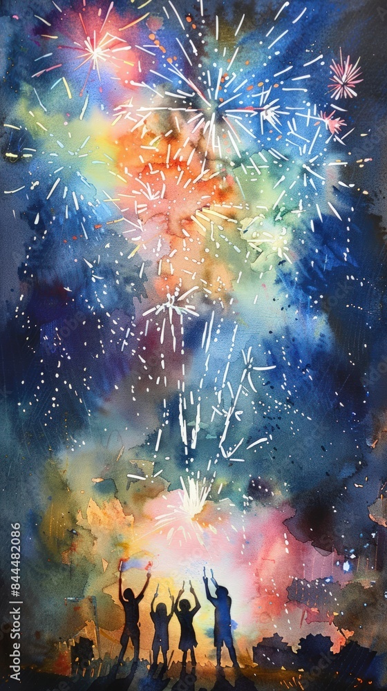 Painting Of A Group Of People Celebrating With Fireworks, American Independence ,Watercolor Illustration. Painting Of A Group Of People Celebrating With Fireworks, American Independence ,Watercolor Illustration.