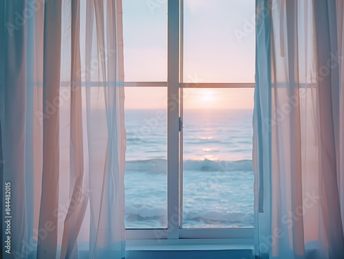Beach house window  ocean view  light curtains  airy atmosphere  pastel colors  smartphone camera  