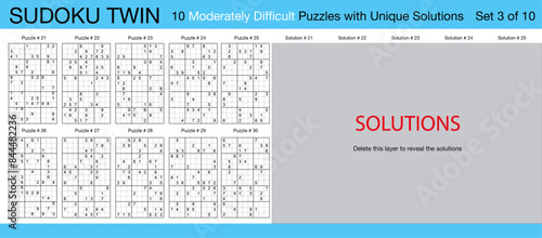Sudoku Twin - 10 Moderately Difficult Puzzles with Solutions - Set 3 of 10