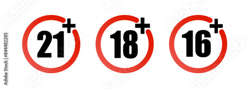 Age limit sign set. Adults content only age restriction. Censure warning age plus. Vector .