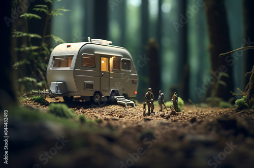 Tiny camper parked in woods
