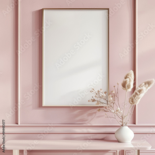 A white framed picture sits on a table next to a vase of dried flowers
