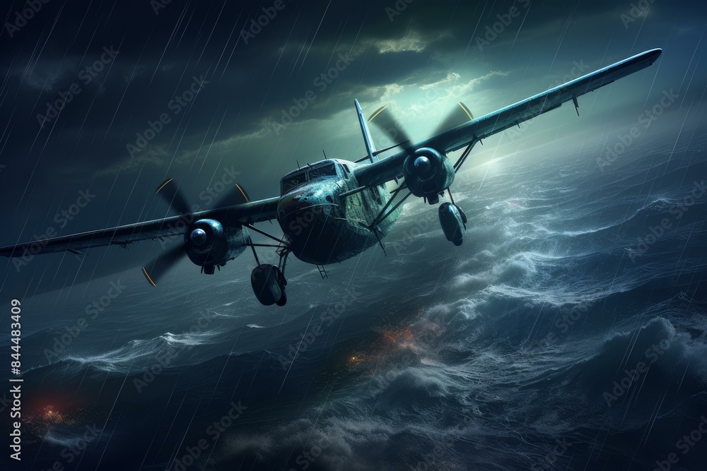 Naklejka premium Dramatic scene of a twin-engine aircraft navigating through a dark storm above a churning sea