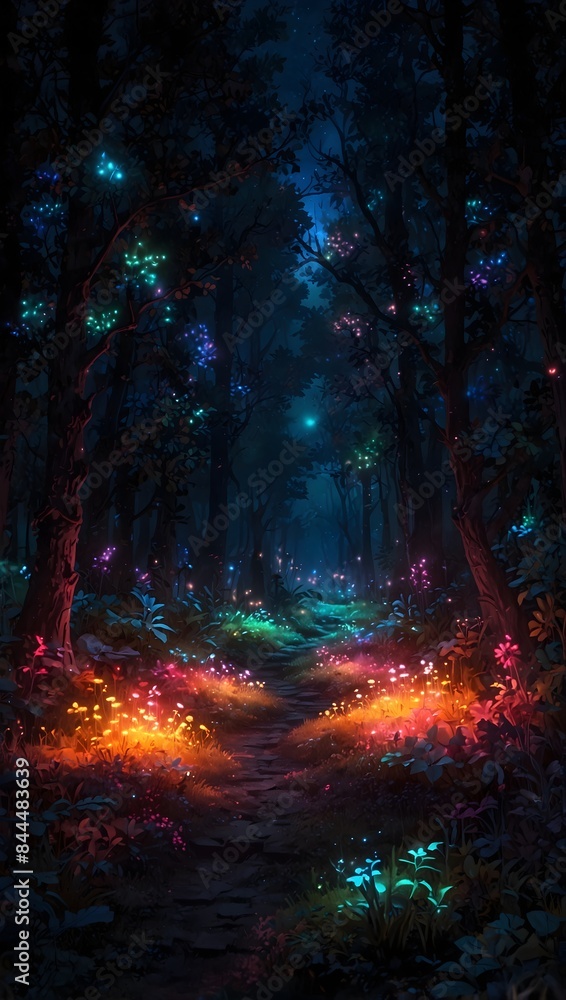 Fototapeta premium Enchanting Forest Scene with Neon Botanicals