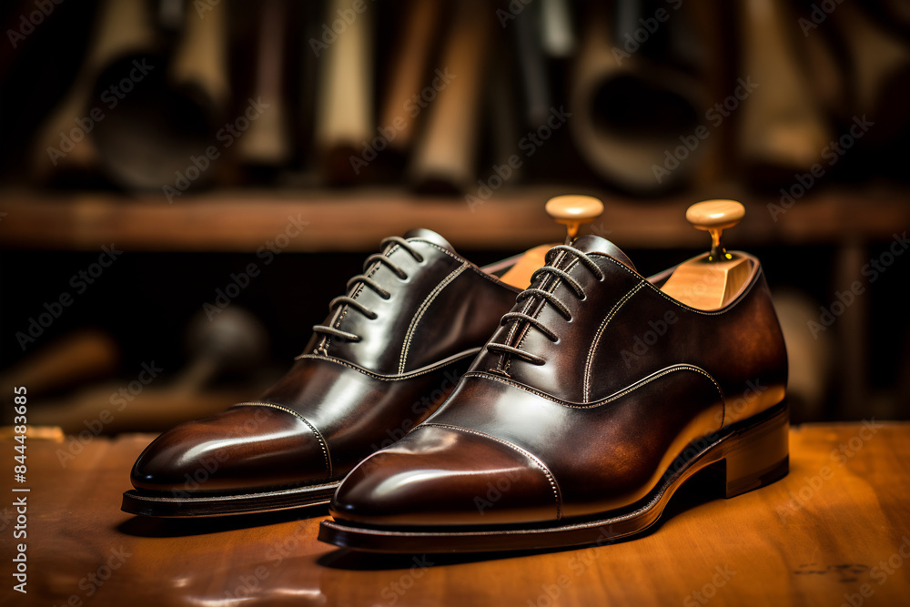 Brown shoes on wooden table Brown shoes on wooden table
