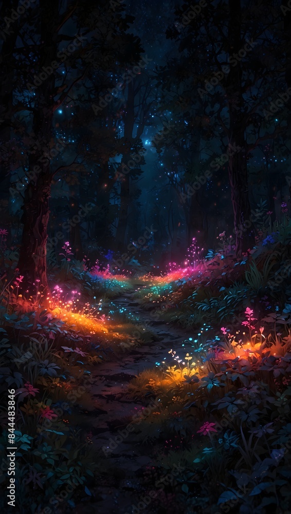 Dreamy Forest Trail Illuminated by Fairy Lights Dreamy Forest Trail Illuminated by Fairy Lights