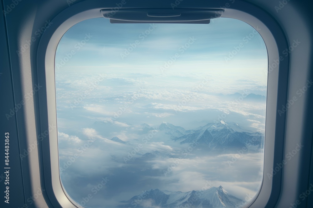 Serene view of snow-capped mountains from an airplane's window, with a tranquil blue sky Serene view of snow-capped mountains from an airplane's window, with a tranquil blue sky