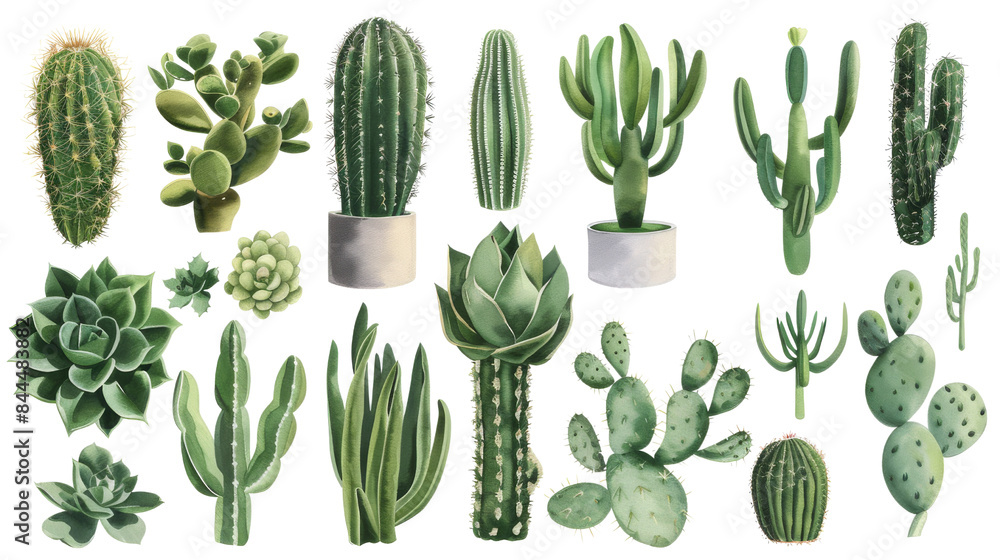 A diverse collection of cacti and succulent illustrations in various shapes and sizes on transparent background A diverse collection of cacti and succulent illustrations in various shapes and sizes on transparent background