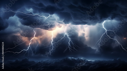 Fototapeta Naklejka Na Ścianę i Meble -  A dramatic thunderstorm brings with it lightning strikes under a dark and cloudy sky