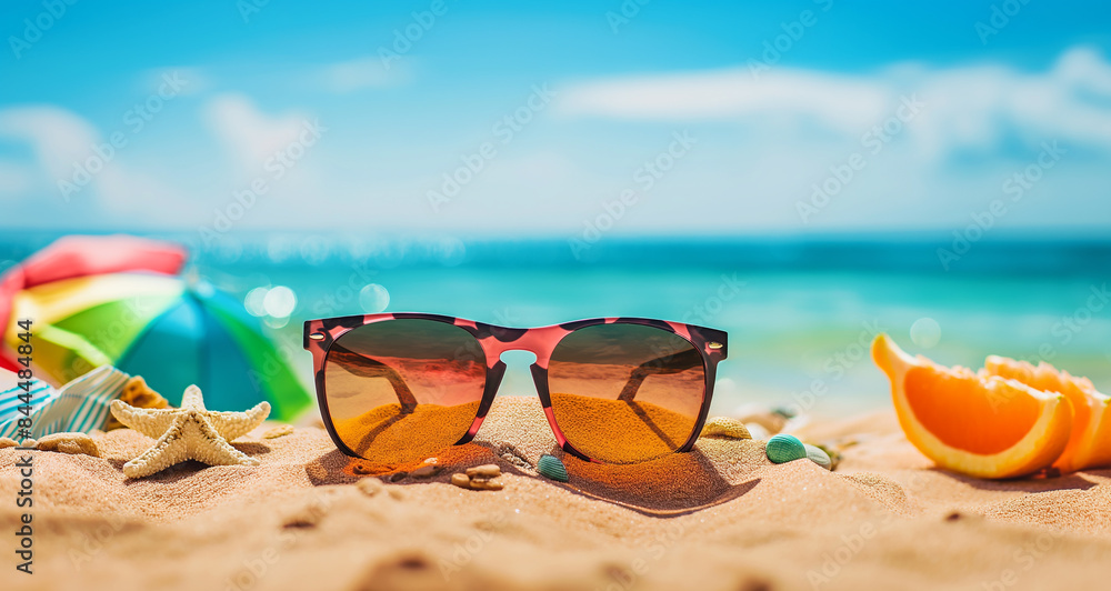 Sunglasses on a beach in summer time during a tropical vacation with sunny skies and holiday vibes Sunglasses on a beach in summer time during a tropical vacation with sunny skies and holiday vibes