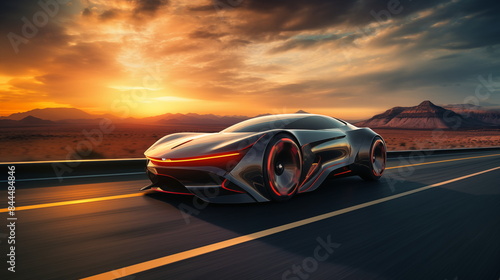 Futuristic sports car on highway at sunset, symbolizing modern design and luxury