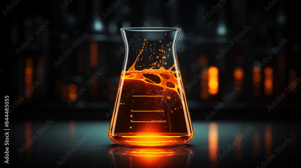 Observing a Chemical Reaction that Glows in a Laboratory Beaker with an Orange Light Observing a Chemical Reaction that Glows in a Laboratory Beaker with an Orange Light