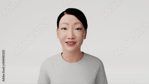 Virtual AI assistant chat bot posing on camera. Metaverse female avatar in virtual chat world for virtual chat. Artificial human character posing. Beautiful 3d model human scan animated.