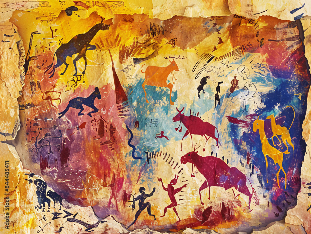 Naklejka premium Vibrant Infographic of Ancient Cave Paintings with Fauvist Color Explosions