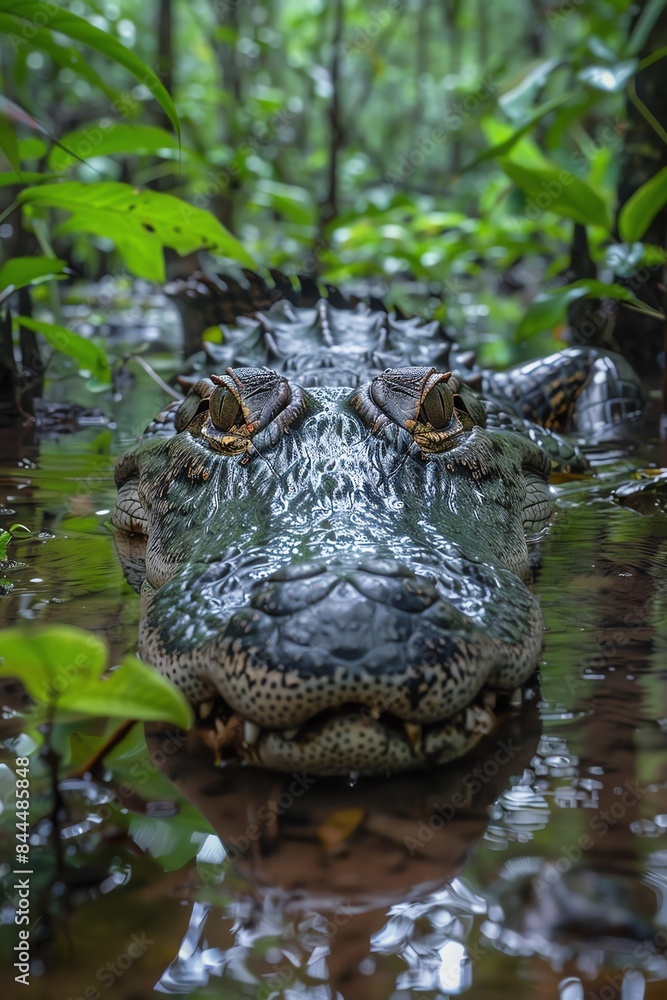 Fototapeta premium Crocodile in lush swamp, partially submerged, intense gaze, lowangle