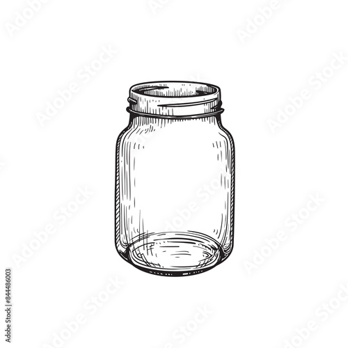 Empty glass jar. Hand drawn sketch drawing in old fashioned vintage style. Vector illustration isolated on white.