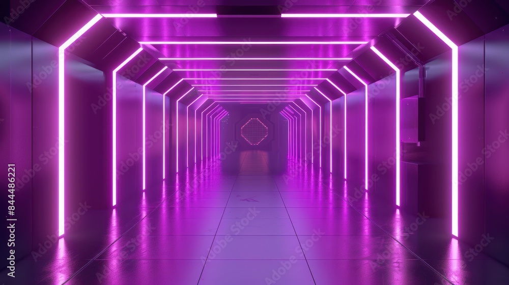 3D illustration of a concept of entrance or gateway to the metaverse. Entrance to the metaverse space, science fiction room with purple light square shapes 3D illustration of a concept of entrance or gateway to the metaverse. Entrance to the metaverse space, science fiction room with purple light square shapes