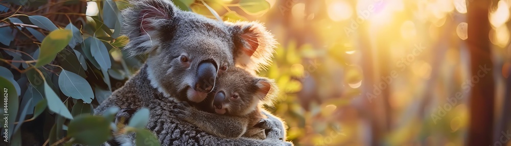 Naklejka premium Koala and joey hugging, soft sunlight, eucalyptus forest