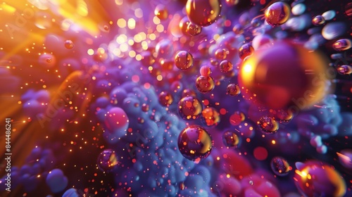 3d render of abstract art video animation with 3d ball in explosion process based on small ball spheres or bubbles particles in orange red purple and blue