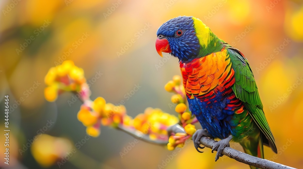 Naklejka premium Rainbow lorikeet on a branch with yellow blossoms, vibrant colors
