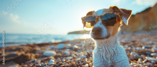 Puppy with sunglasses on beach, sunny day, playful ambiance photo