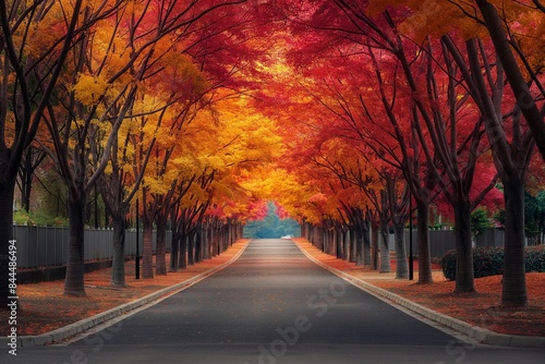 A panoramic view of a tree-lined avenue ablaze with the fiery colors of autumn leaves  their vibrant hues stretching as far as the eye can see  creating a stunning natural canopy overhead.